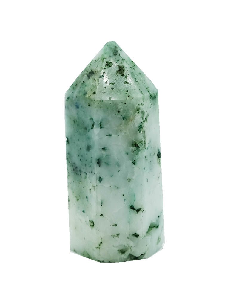 A polished green Chrysocolla Point gemstone on a white background.
