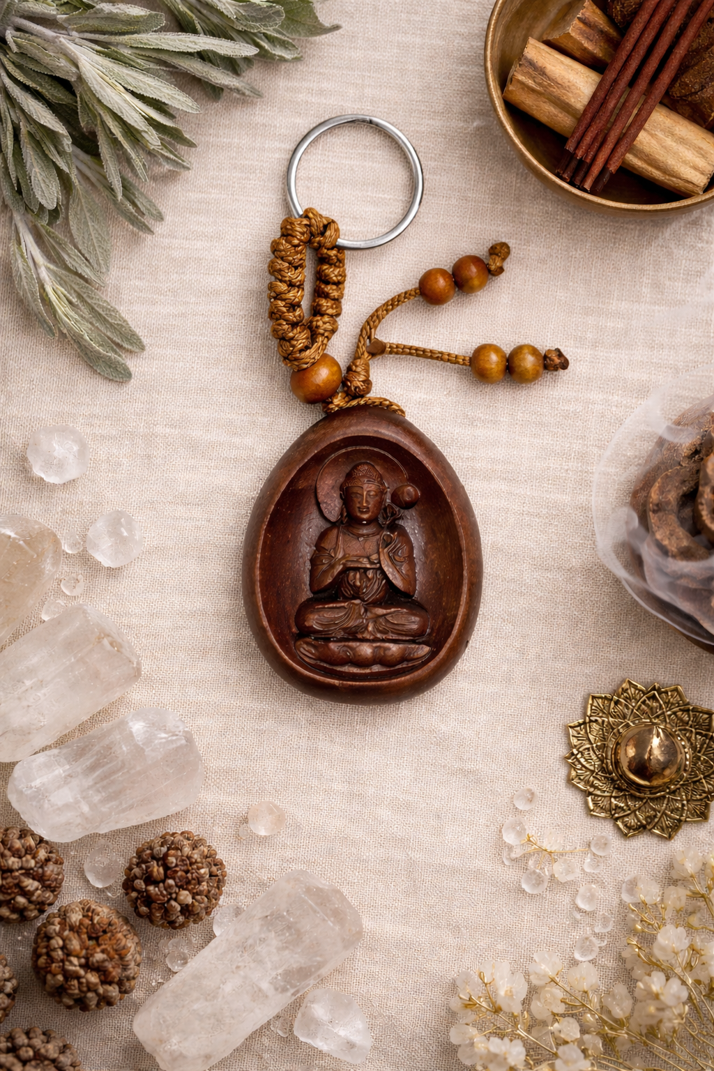 Wooden Buddha With Lotus Keyring