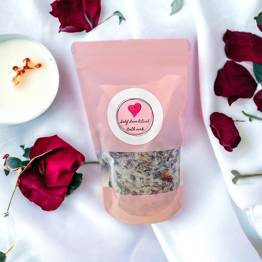 Luxury self-love bath soak, spiritual bathing ritual for compassion, calm and emotional balance.