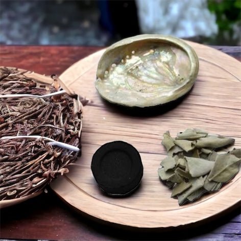 Smudge kit including abalone shell, sage and accessories for energy clearing and protection.