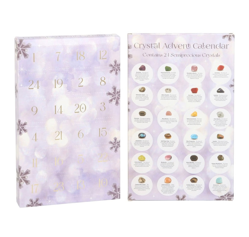 A purple advent calendar with a list of 24 tumbled gemstones for spiritual healing and wellbeing, to be used as a countdown to Christmas.