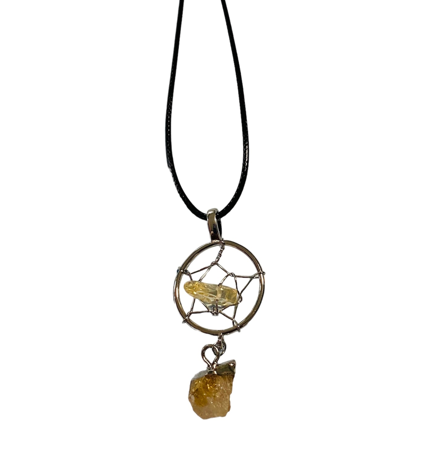 Citrine dream catcher pendant on cord necklace, crystal jewellery for positivity and abundance.