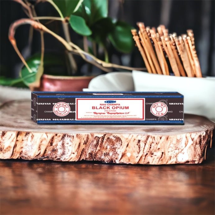 Box of Black Opium incense, rich spiritual aroma for meditation and home cleansing.