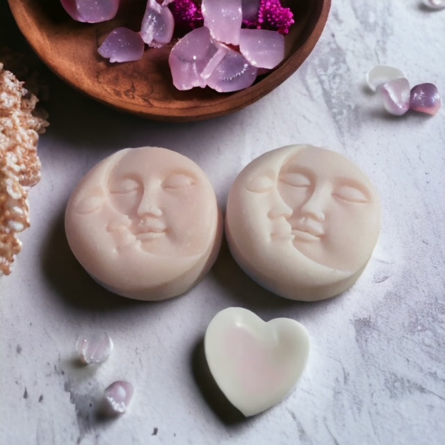 Large 3D sun and moon wax melts in cherry blossom and plum scent, pack of four.