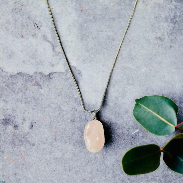 Rose quartz crystal pendant necklace for self-love, compassion and heart healing.