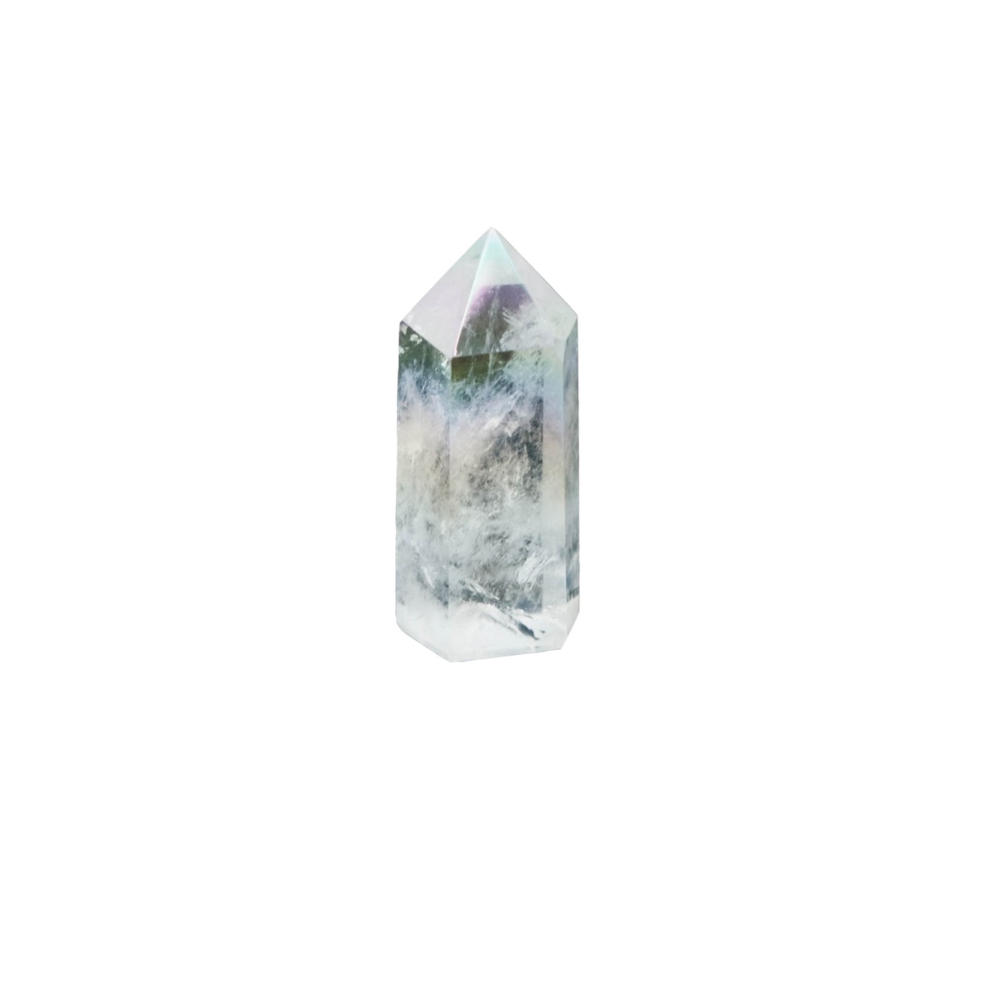 Angel aura quartz point crystal with iridescent finish for healing and spiritual energy.