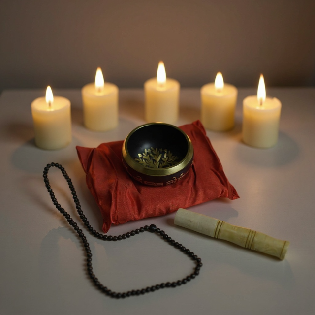 Candlelit scene with a singing bowl, red cloth, and beads on a white surface.
