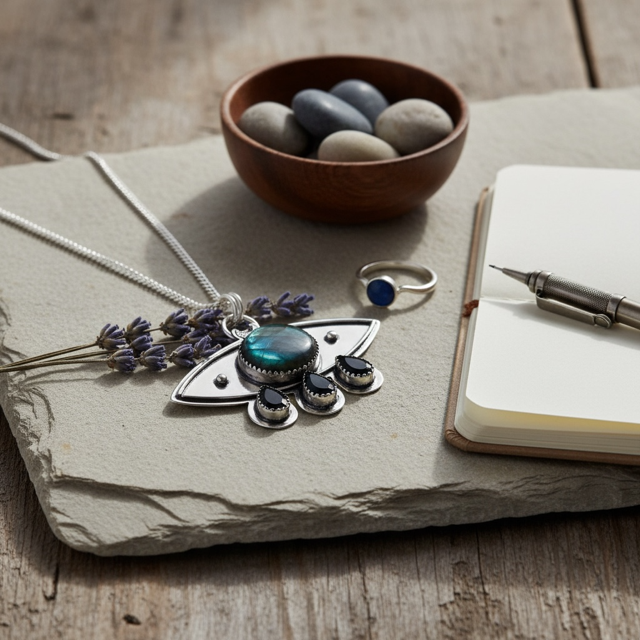 Jewelry set including a necklace with lavender and a pendant, ring, and pen on a notebook with stones in the background.