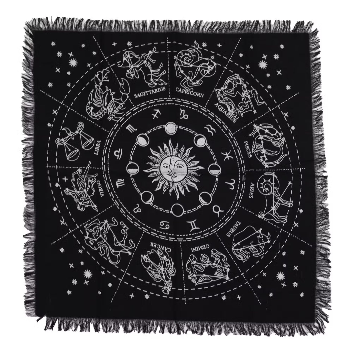 Black Horoscope fringed altar cloth with zodiac and celestial design