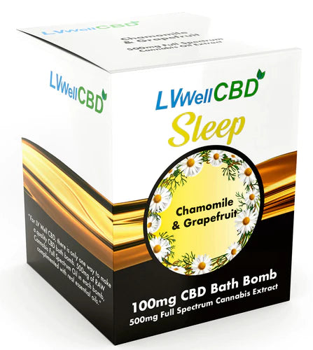 A box of LVWell CBD Sleep bath bomb featuring chamomile and grapefruit with visual branding and product information.