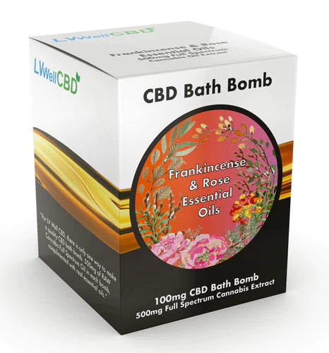 A box of LVWell CBD Bath Bomb featuring Frankincense and Rose essential oils. The packaging is predominantly white with images of flowers and a clear indication of the product's CBD content.