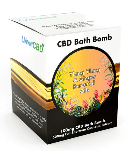 LVWell CBD Bath Bomb featuring Ylang Ylang and Ginger with visual elements of nature such as leaves and flowers.