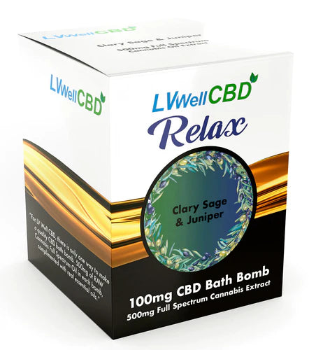 Packaging for LVWell CBD Relax bath bomb featuring Clary Sage and Juniper with 100mg CBD and 500mg full spectrum cannabis extract.