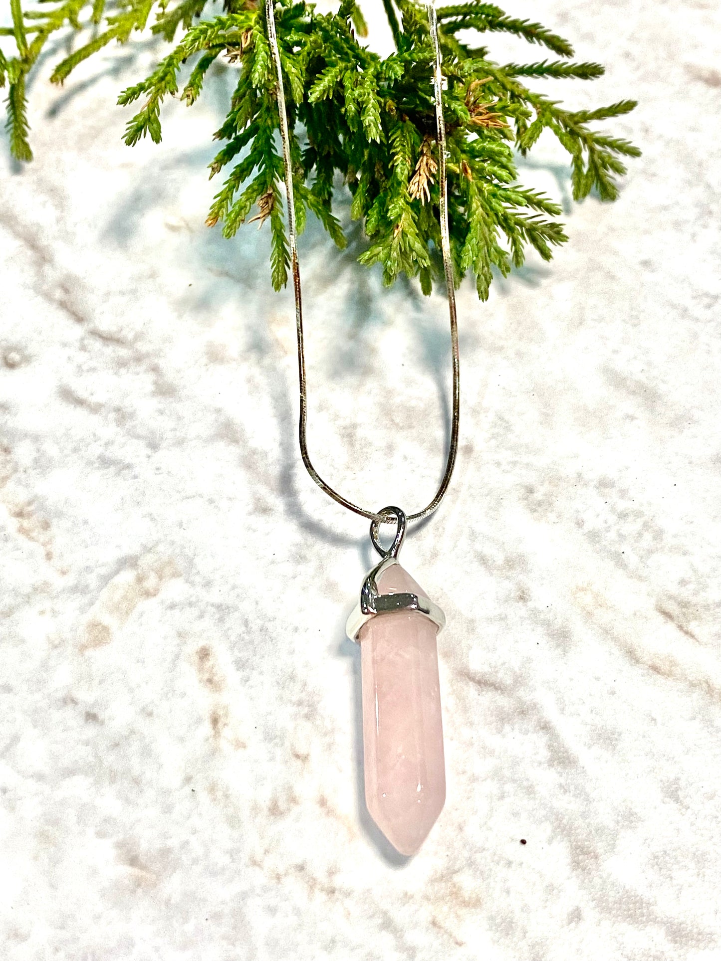 Rose quartz point necklace, crystal pendant for love, compassion and emotional healing.