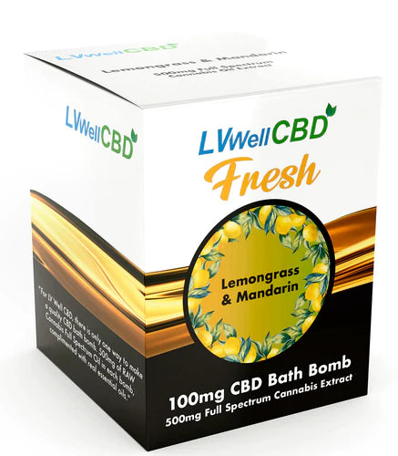 A package of LVWell CBD Fresh Bath Bomb with Lemongrass & Mandarin, indicating 1000mg CBD, 500mg Full Spectrum Cananabis and 500mg Full Spectrum