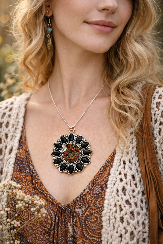 woman wearing an ammonite flower shaped pendant 
