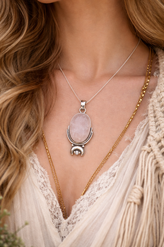 Necklace with a pink rose quartz pendant worn by a person with wavy hair.