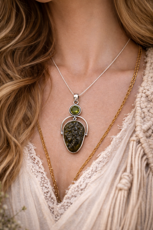 Necklace with a Moldavite pendant featuring green gemstone worn by a person with wavy hair.