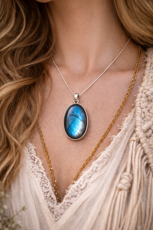 Necklace with a blue Labradorite pendant worn by a person with wavy hair.