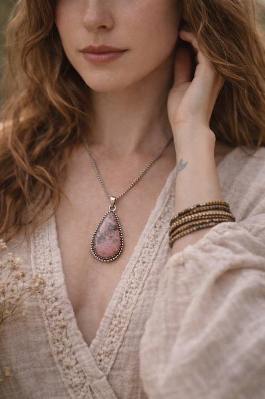 Woman wearing a necklace with a pink  rhodonite stone and multiple bracelets, outdoors.