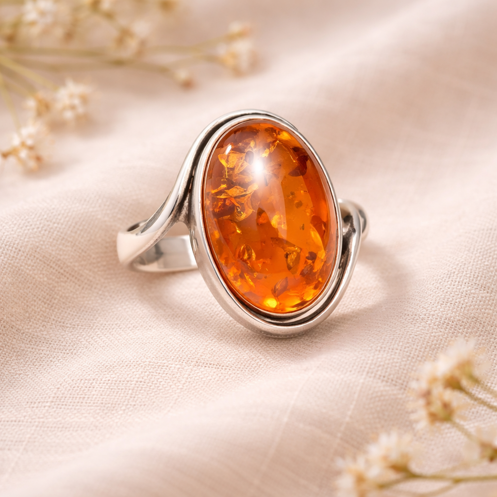 Silver ring with an amber stone on a beige fabric background