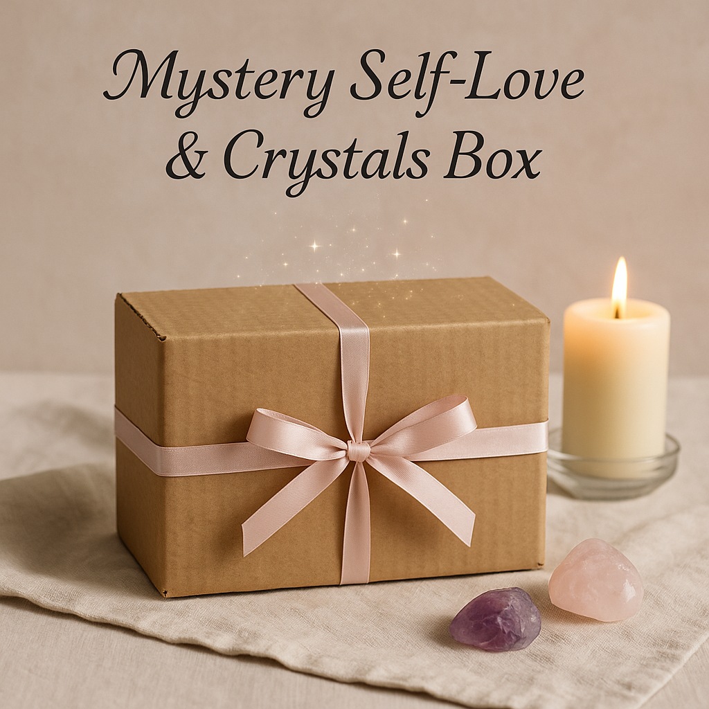 Gift box with a pink ribbon, lit candle, and crystals on a neutral background with text 'Mystery Self-Love & Crystals Box'.