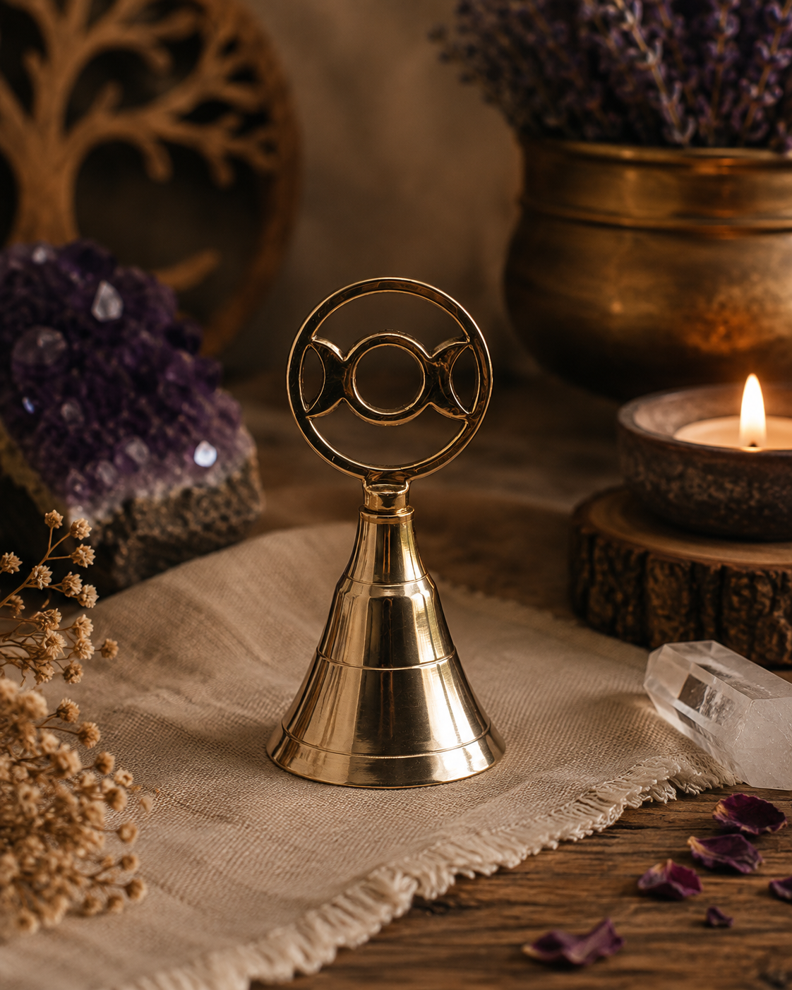 Triple Moon brass altar bell displayed in a warm sacred space