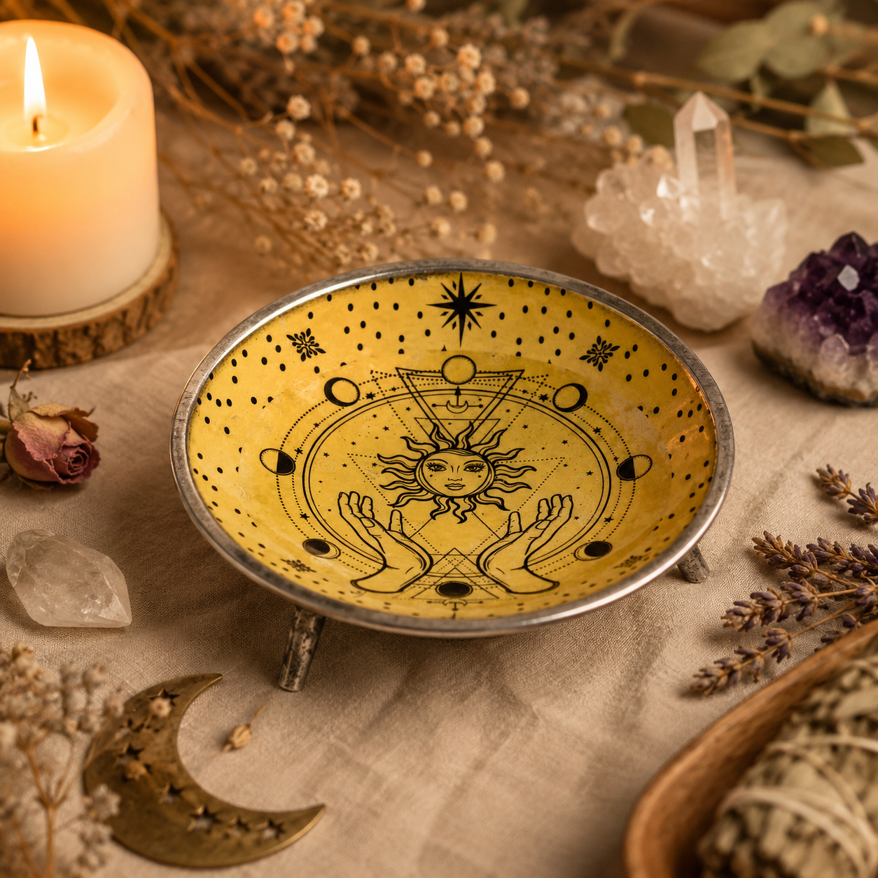 Hands & Sun ritual offering plate displayed in a warm sacred altar setting