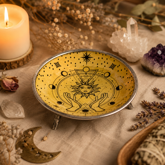 Hands & Sun ritual offering plate displayed in a warm sacred altar setting