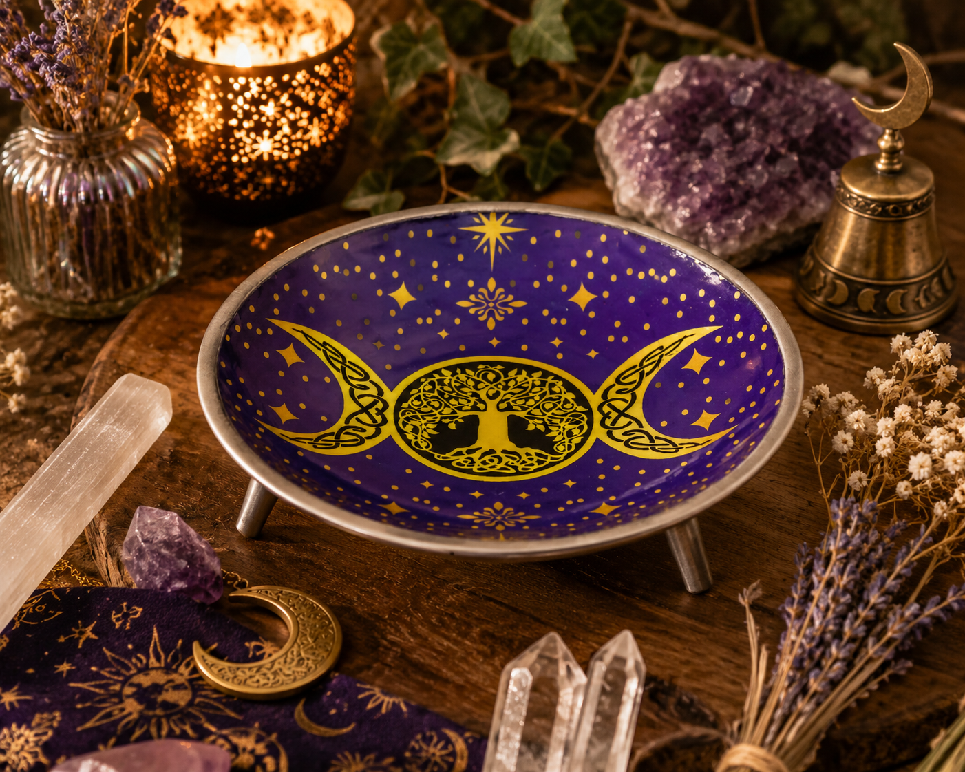 Purple Triple Moon ritual offering plate displayed in a warm sacred altar setting