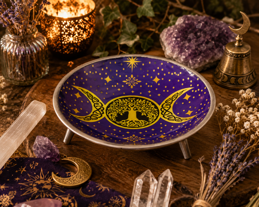 Purple Triple Moon ritual offering plate displayed in a warm sacred altar setting