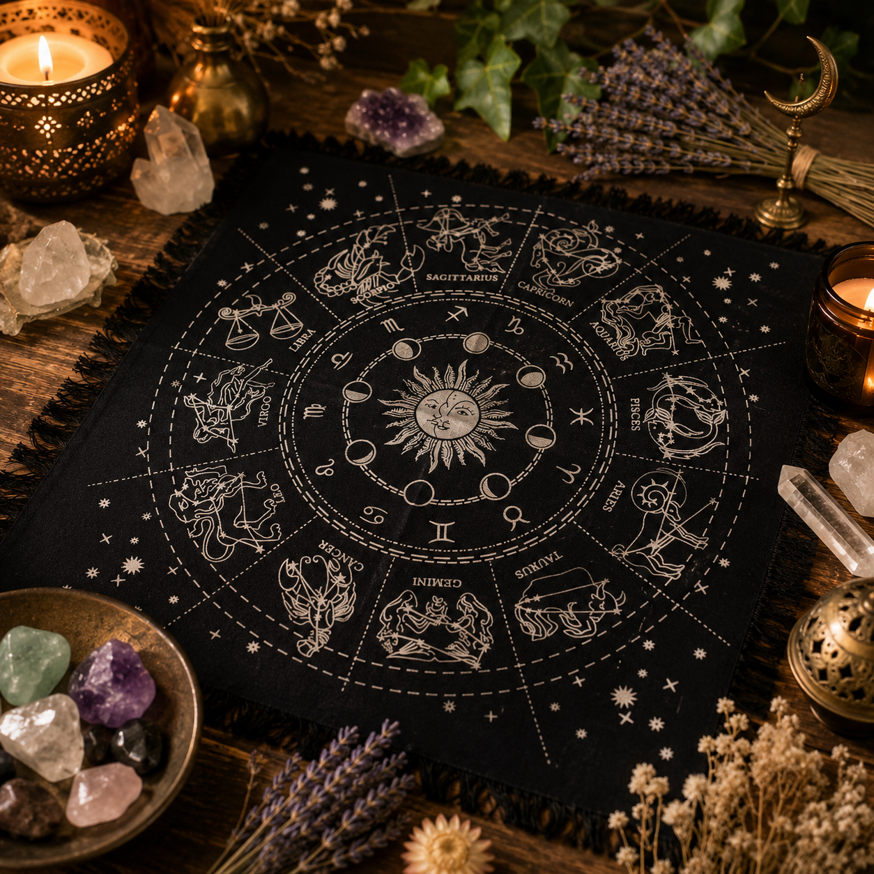 Horoscope fringed altar cloth displayed in a warm celestial sacred space