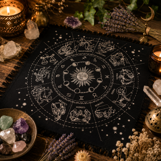 Horoscope fringed altar cloth displayed in a warm celestial sacred space