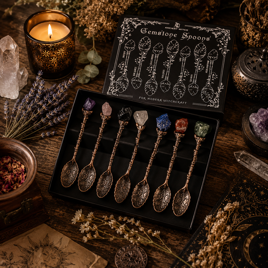 Set of 7 gemstone ritual spoons displayed in a warm sacred altar setting