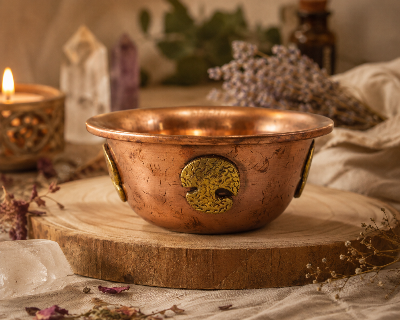 Tree of Life ritual offering bowl displayed in a warm sacred space