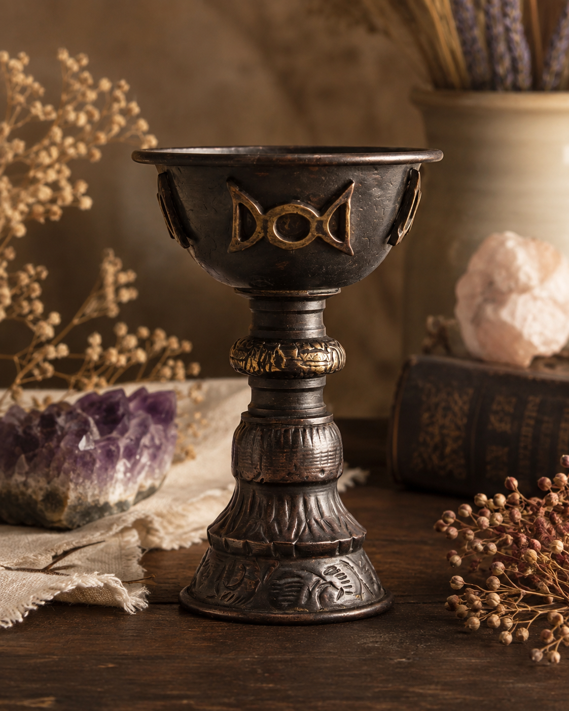 Triple Moon ritual goblet displayed in a warm sacred altar setting