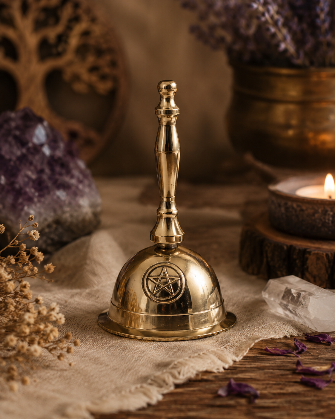 Penta Moon brass altar bell displayed in a warm sacred space