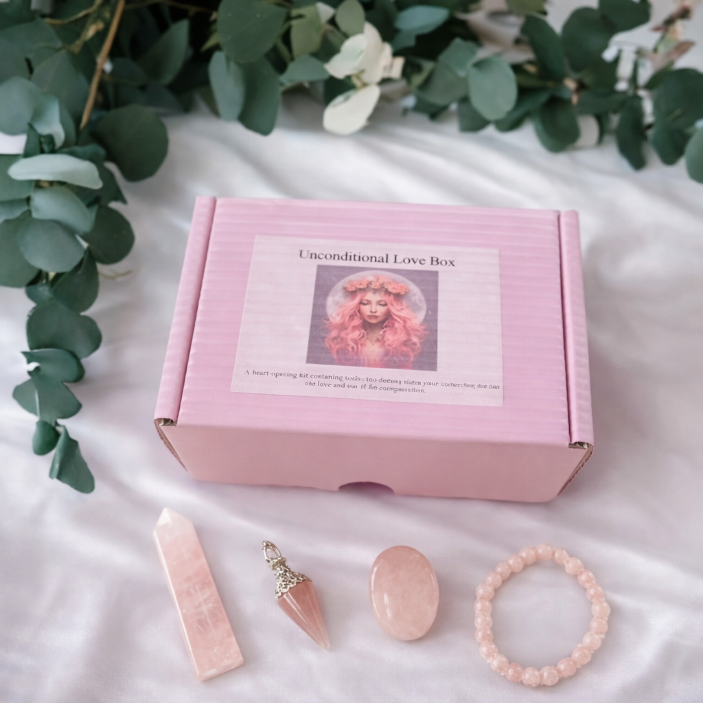 Pink 'Unconditional Love Box' with crystals and a bracelet on a white fabric background with greenery.