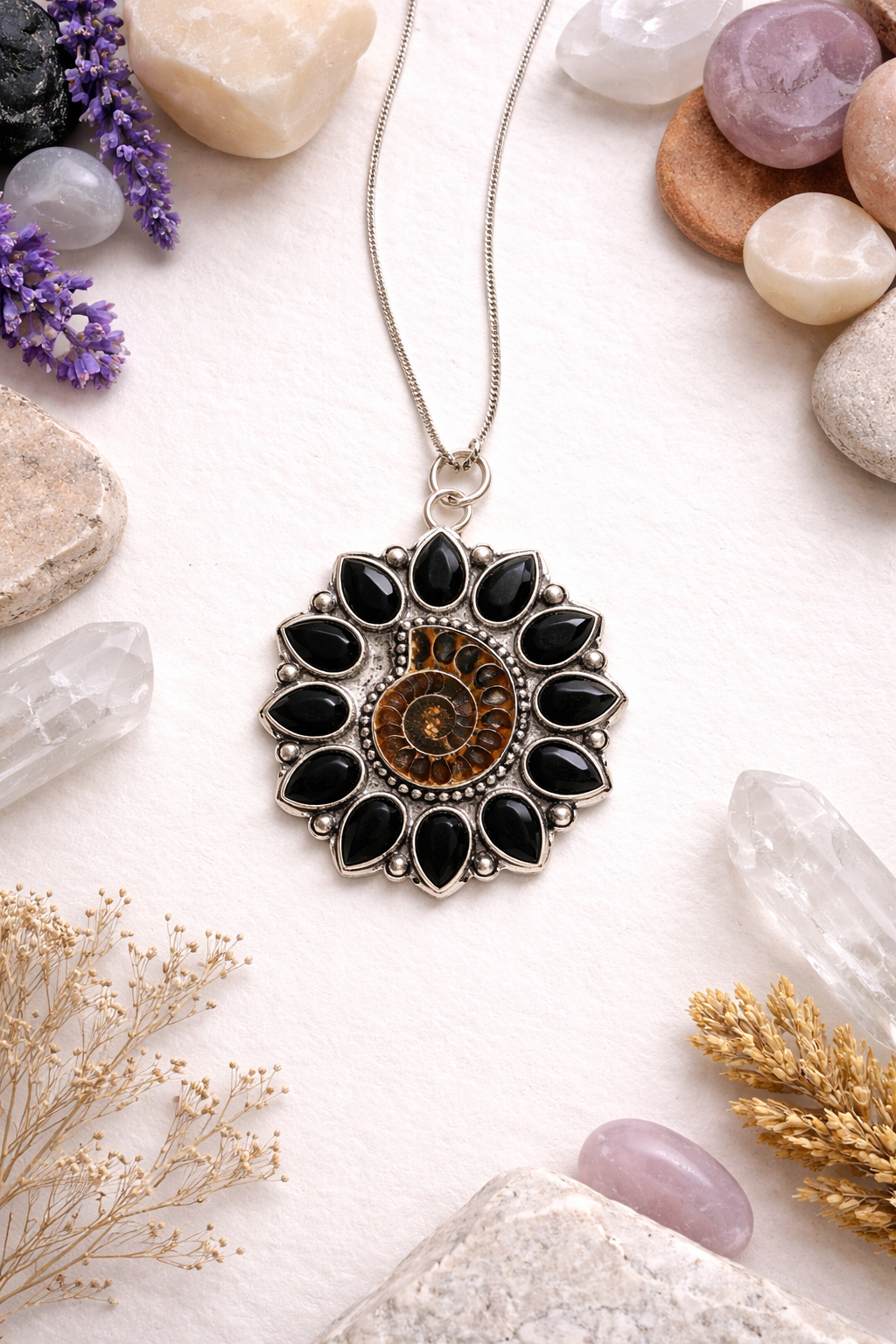 ammonite Necklace surronded by crystals
