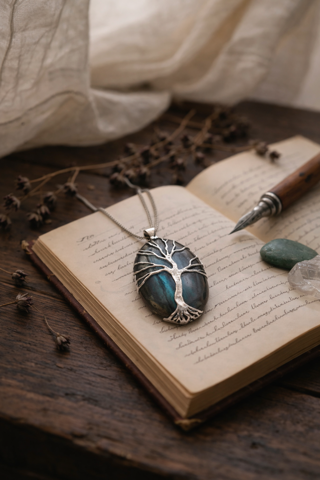 Blue Labradorite pendant on a chain over an open book with a pen and green stones.