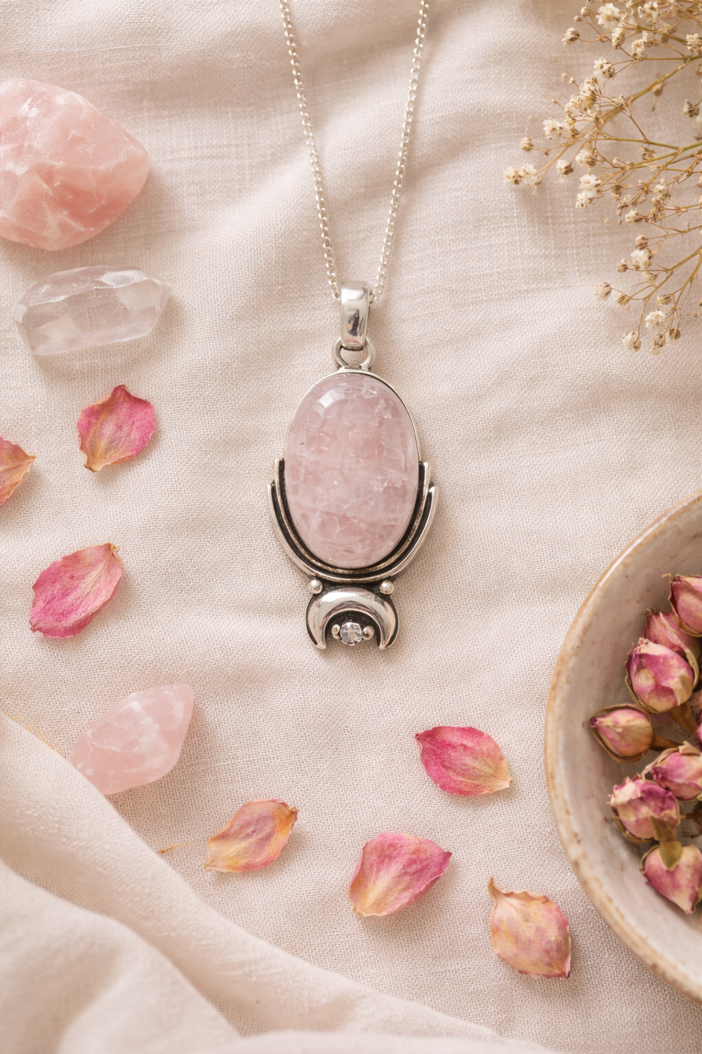 Pink rose quartz stone pendant necklace on a soft fabric background with pink petals and dried flowers.