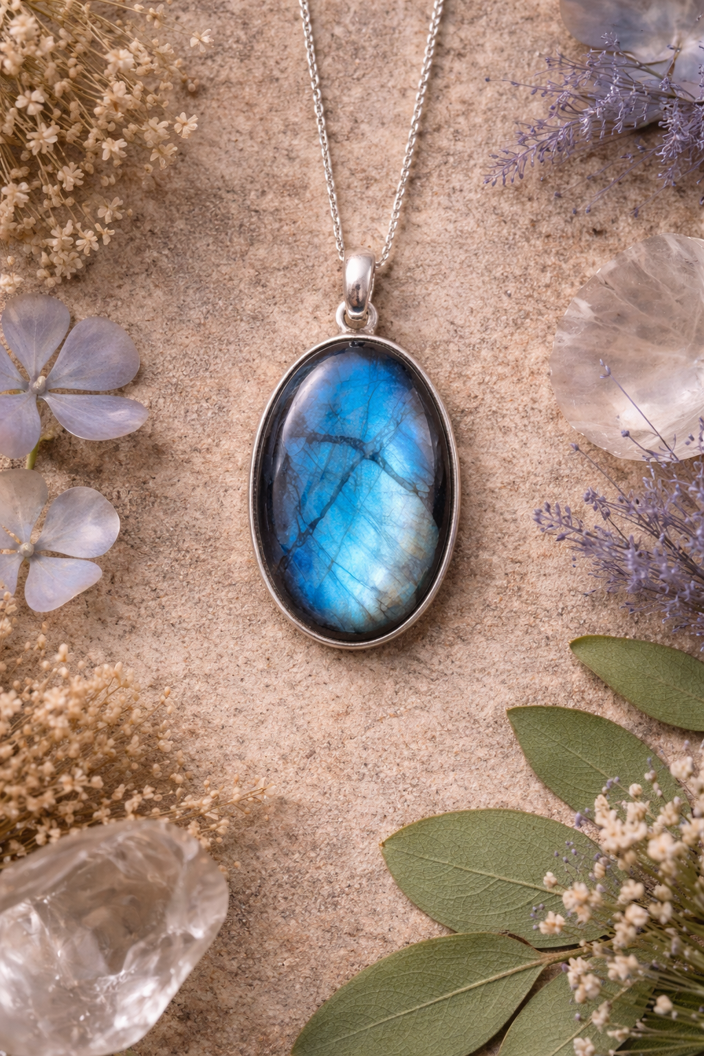 Necklace with a blue labradorite pendant on a textured surface with flowers and leaves.