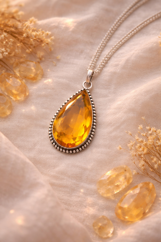 Teardrop-shaped citrine pendant on a chain with dried flowers on a beige fabric background