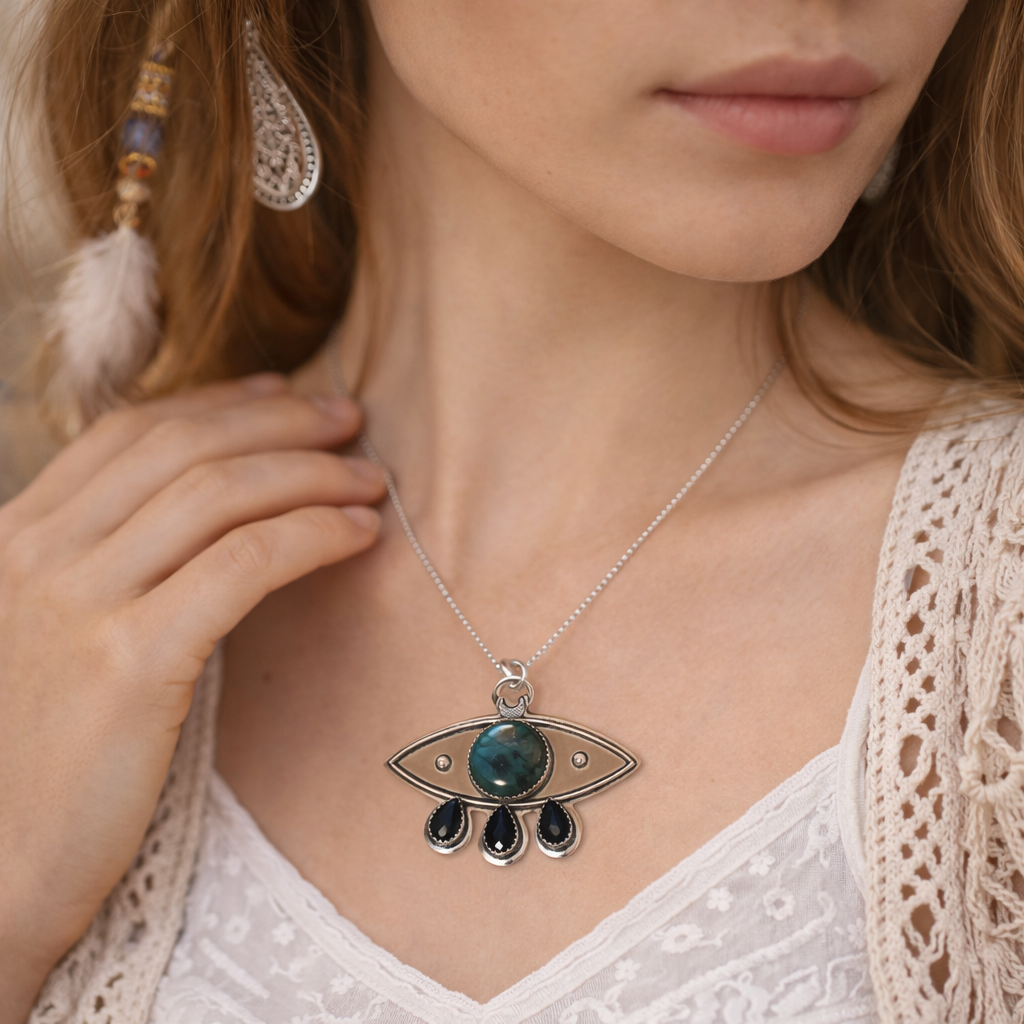 Woman wearing a labradorite necklace with an eye-shaped pendant