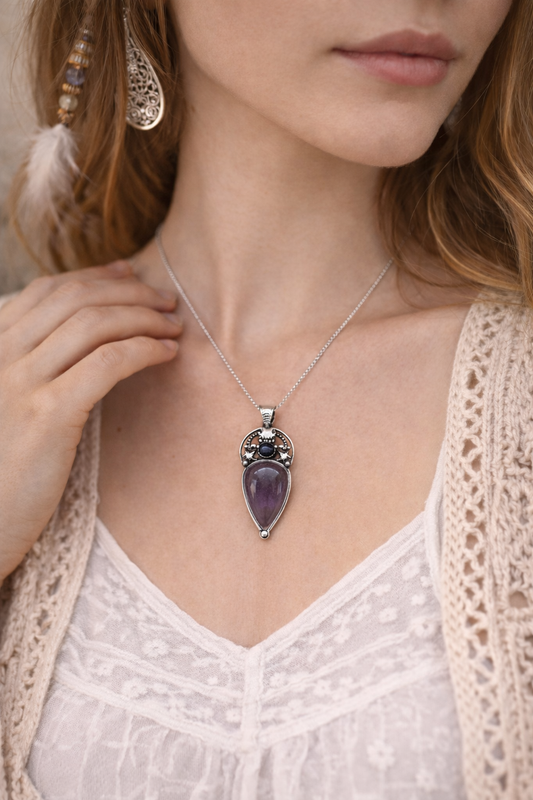 woman wearing teardrop shaped amethyst pendant 