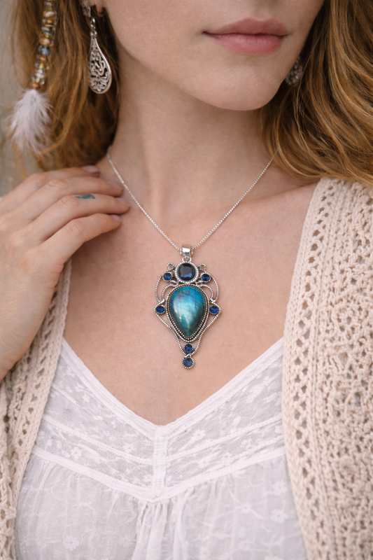woman wearing a large labradorite pendant 