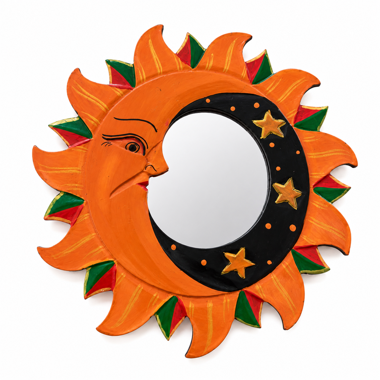 Hand-carved Sun and Moon mirror with colourful celestial design