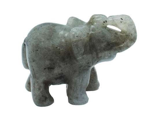 A labradorite elephant figurine with a smooth and polished surface.