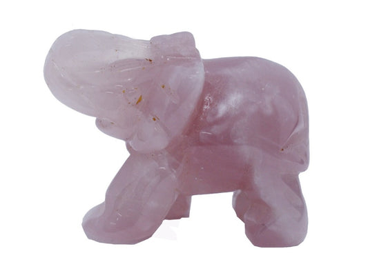 Rose quartz elephant figurine, crystal carving symbolising love, strength and harmony.