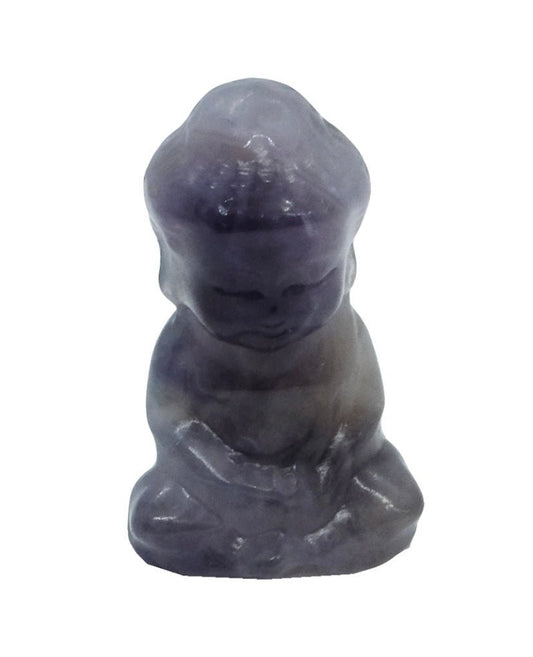 Hand-carved amethyst baby Buddha, gemstone ornament symbolising calm and mindfulness.